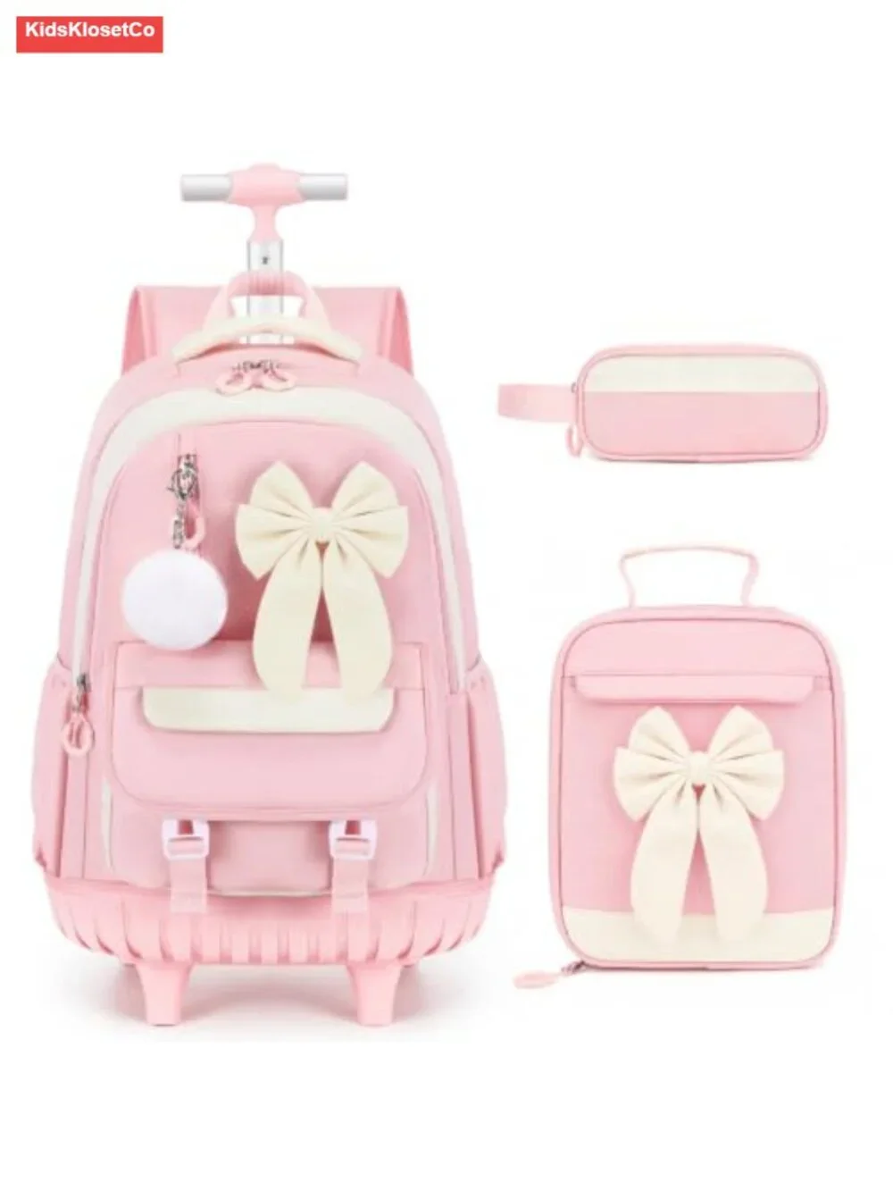 Rolling Backpack Girls 3PC Set with Lunch Bag & Pencil Case Wheeled Bookbag